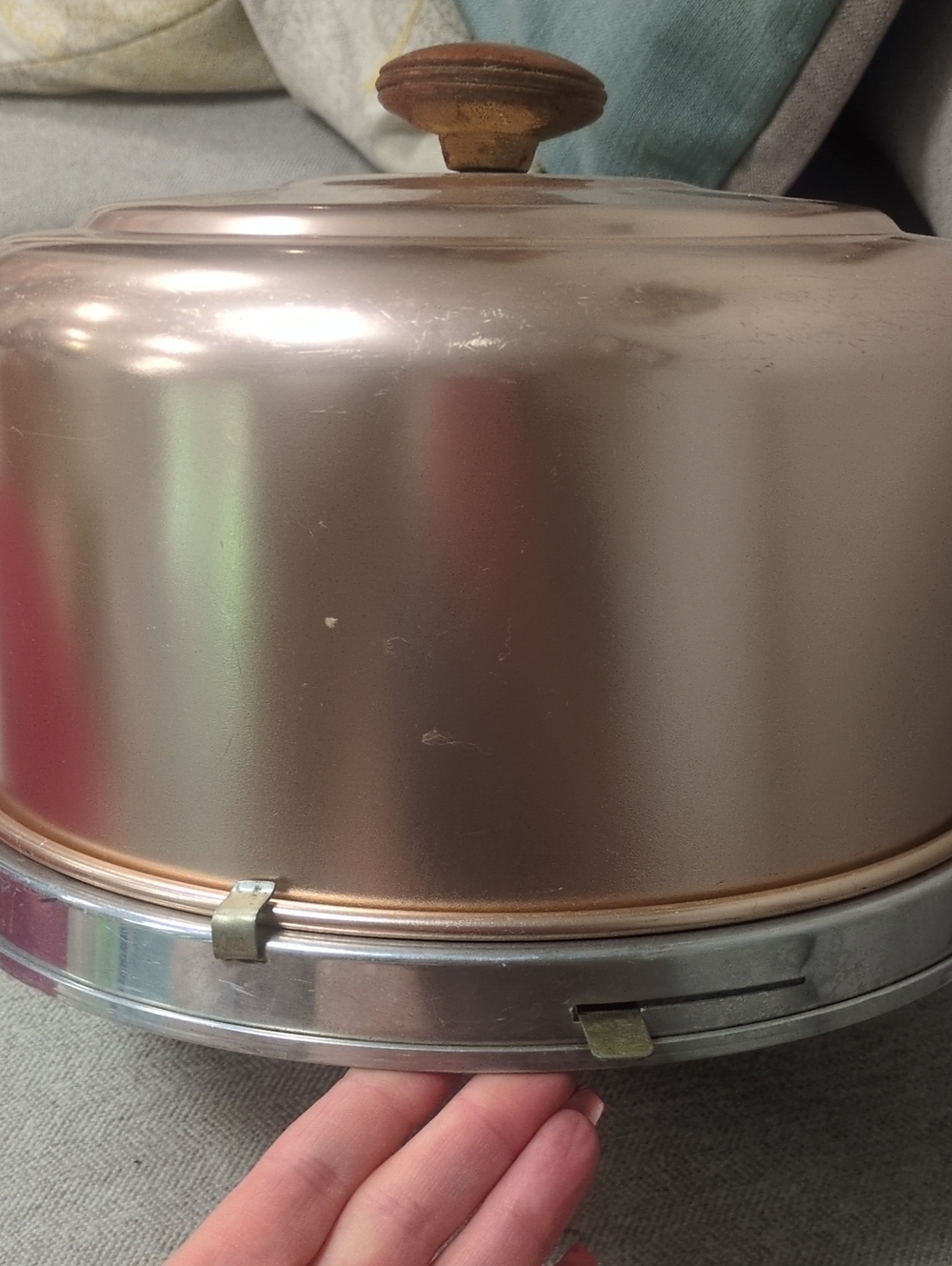 Copper-Tone Metal Cake Carrier with Brass Accents